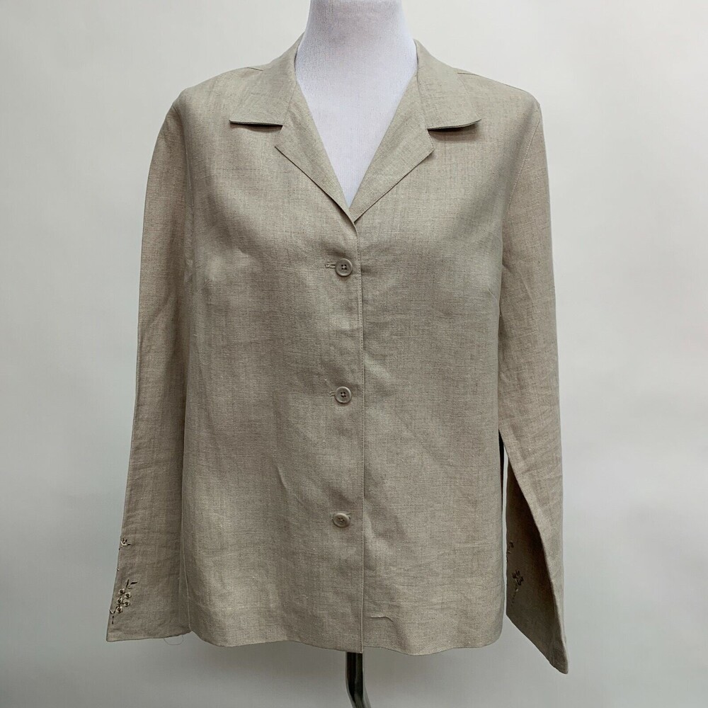 Rafaella Women's Top Size 12 Beige 100% Linen Embroidered Collared Button Down